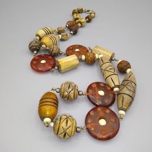 Chunky Geometric Carved Wooden Bead Boho Bohemian Festival Necklace Vintage